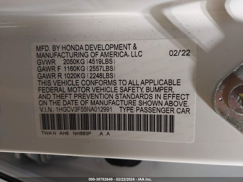 VIN 1HGCV3F55NA012991 2022 HONDA ACCORD HYBRID EX-L
