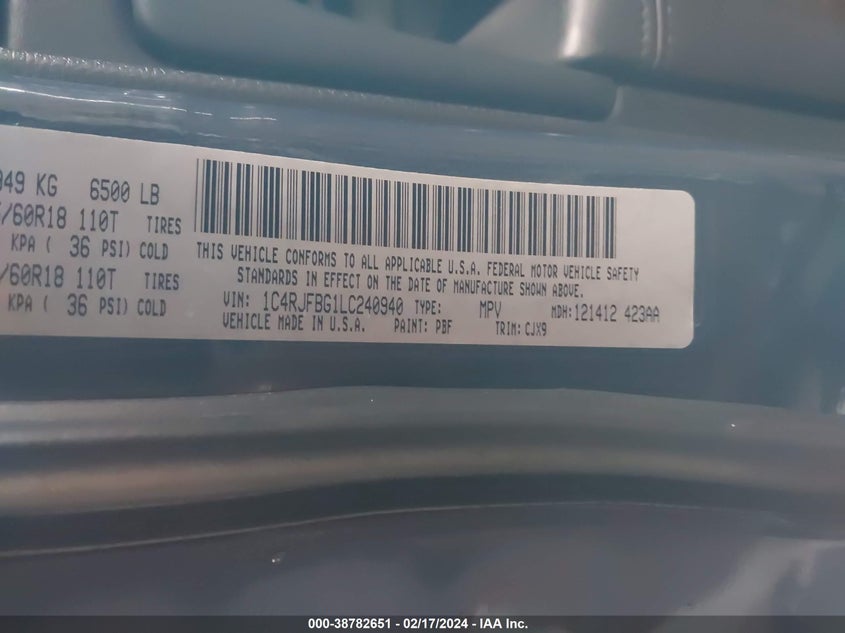 VIN 1C4RJFBG1LC240940 2020 JEEP GRAND CHEROKEE LIMITED