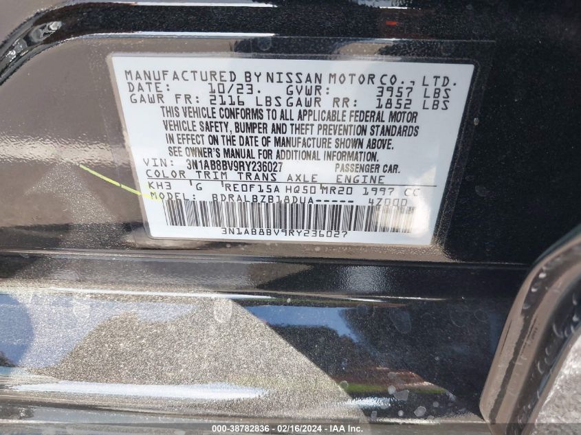 2024 Nissan Sentra S Xtronic Cvt VIN: 3N1AB8BV9RY236027 Lot: 38782836