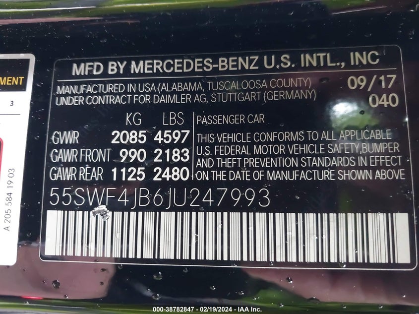 VIN 55SWF4JB6JU247993 2018 MERCEDES-BENZ C 300