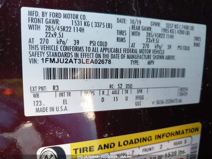 VIN 1FMJU2AT3LEA02678 2020 FORD EXPEDITION LIMITED