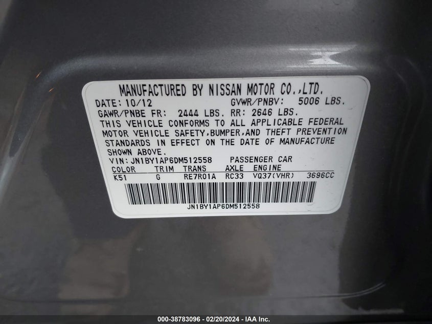 2013 INFINITI M37 - JN1BY1AP6DM512558