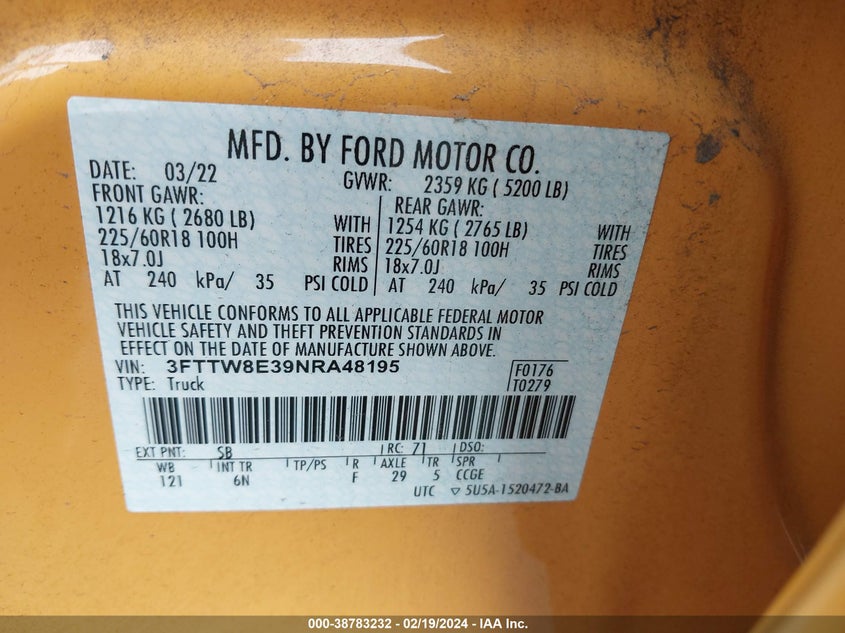 2022 FORD MAVERICK LARIAT - 3FTTW8E39NRA48195