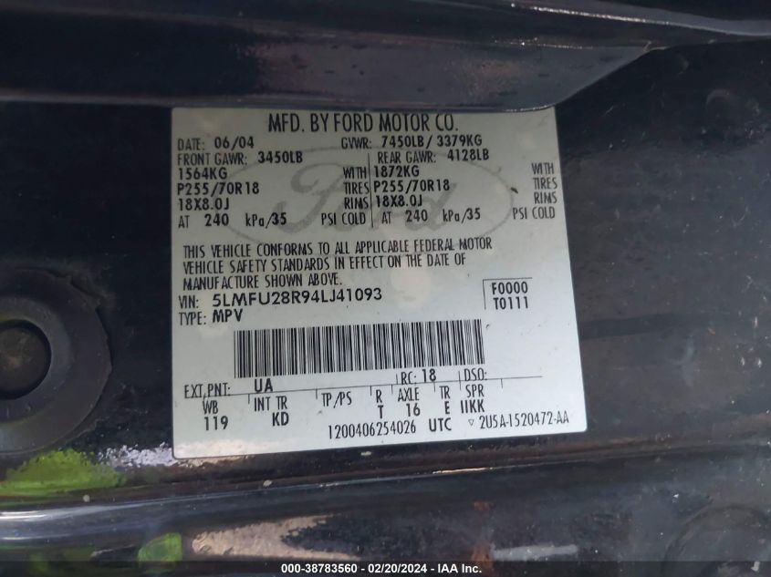 2004 Lincoln Navigator VIN: 5LMFU28R94LJ41093 Lot: 38783560