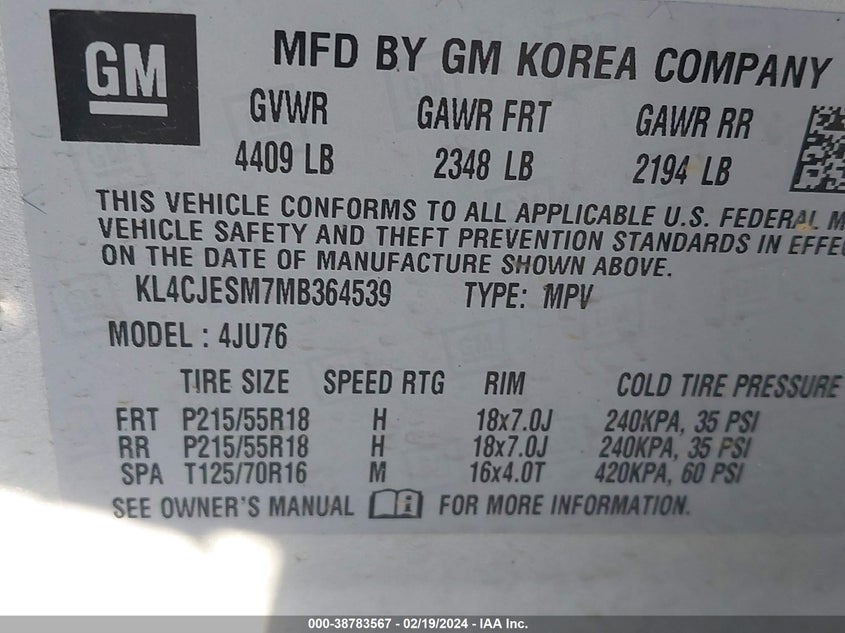 VIN KL4CJESM7MB364539 2021 BUICK ENCORE PREFERRED