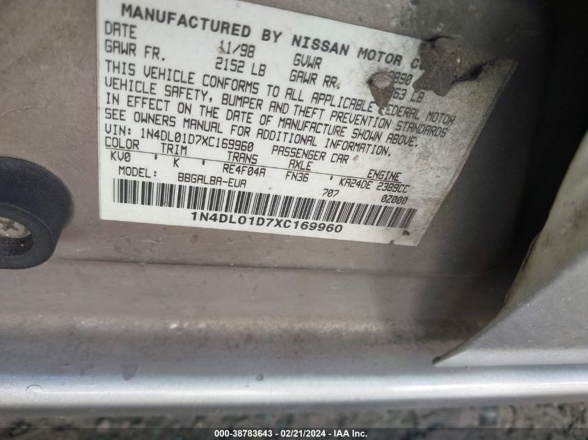 1999 Nissan Altima Gle/Gxe/Se/Se-L/Xe VIN: X1N4DL01D7XC16996 Lot: 38783643