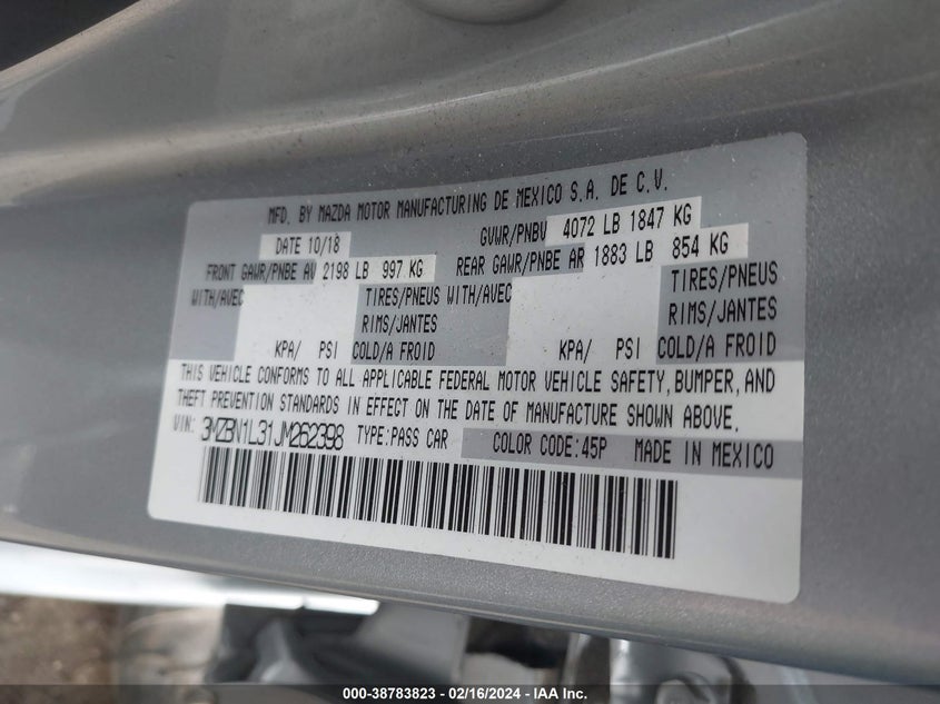 2018 MAZDA MAZDA3 TOURING - 3MZBN1L31JM262398