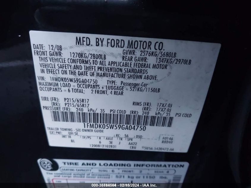 2009 Ford Taurus X Sel VIN: 1FMDK05W59GA04750 Lot: 38784564