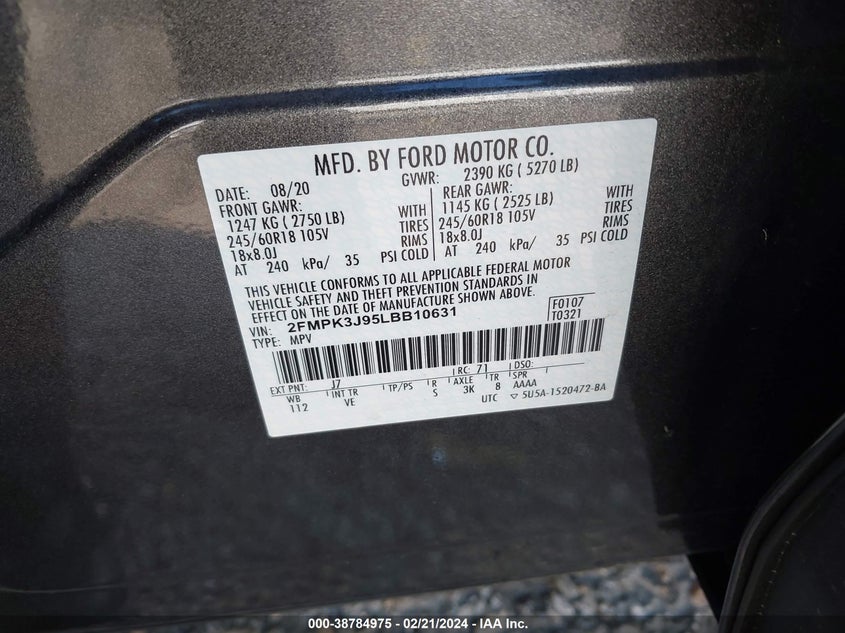 VIN 2FMPK3J95LBB10631 2020 FORD EDGE SEL