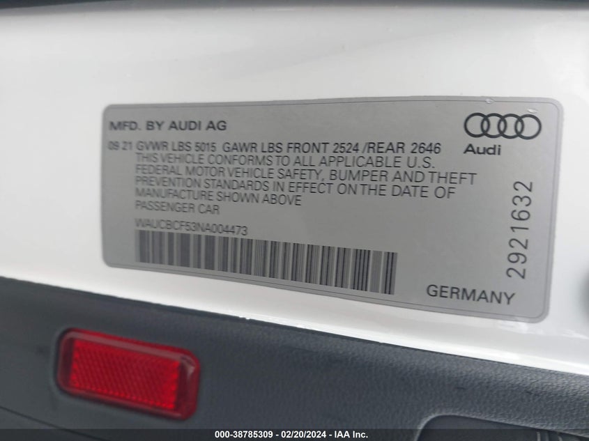 2022 AUDI A5 SPORTBACK PREMIUM PLUS 40 TFSI QUATTRO S TRONIC - WAUCBCF53NA004473