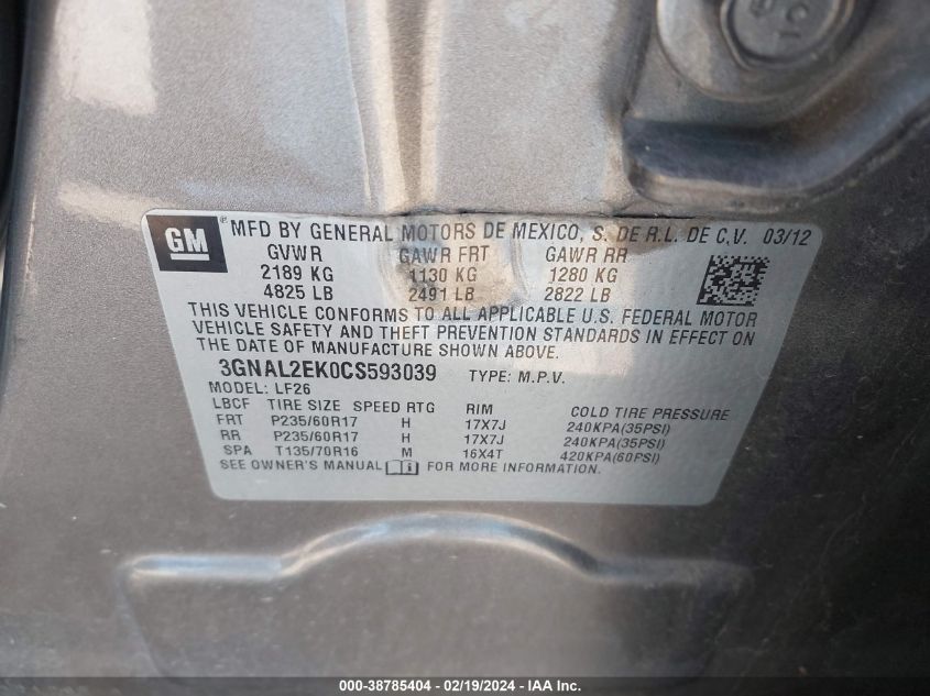 2012 Chevrolet Captiva Sport 2Ls VIN: 3GNAL2EK0CS593039 Lot: 38785404