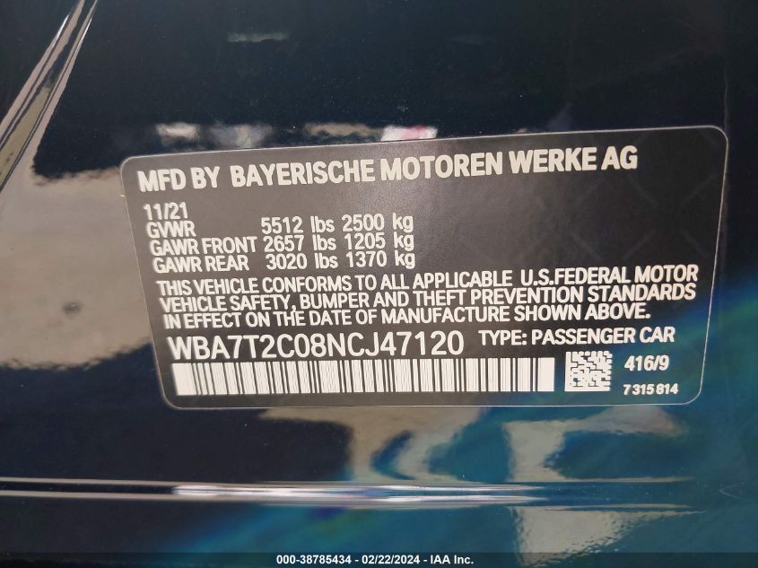 2022 BMW 740 I WBA7T2C08NCJ47120