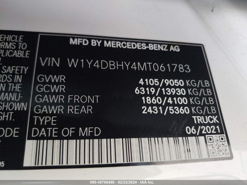 2021 Mercedes-Benz Sprinter 2500 Standard Roof I4 Diesel VIN: W1Y4DBHY4MT061783 Lot: 38785458