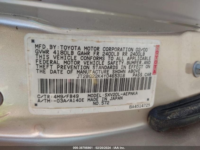 JT2BG22K4Y0465318 2000 Toyota Camry Le