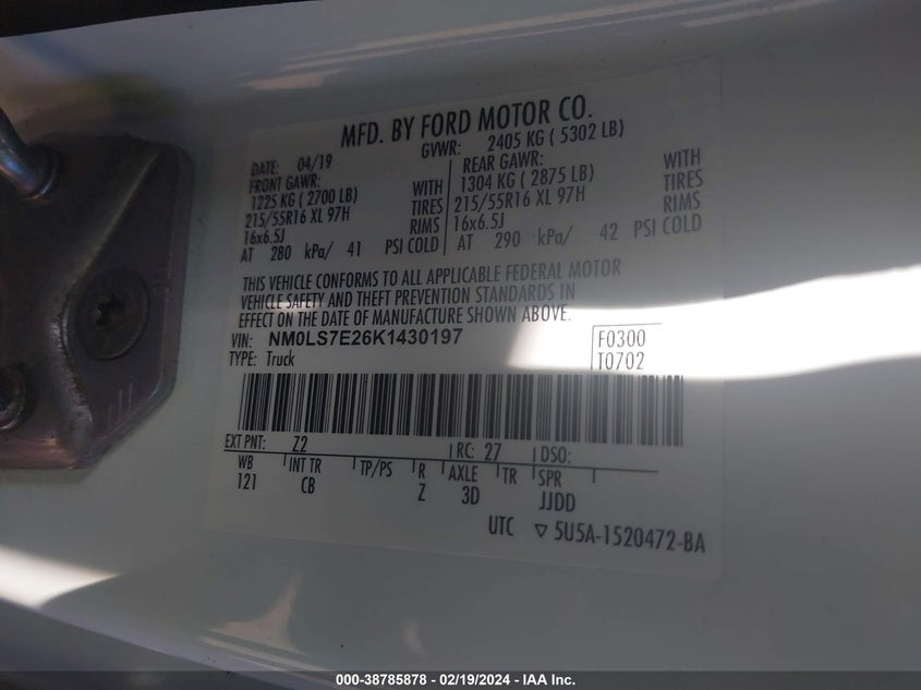 VIN NM0LS7E26K1430197 2019 FORD TRANSIT CONNECT XL