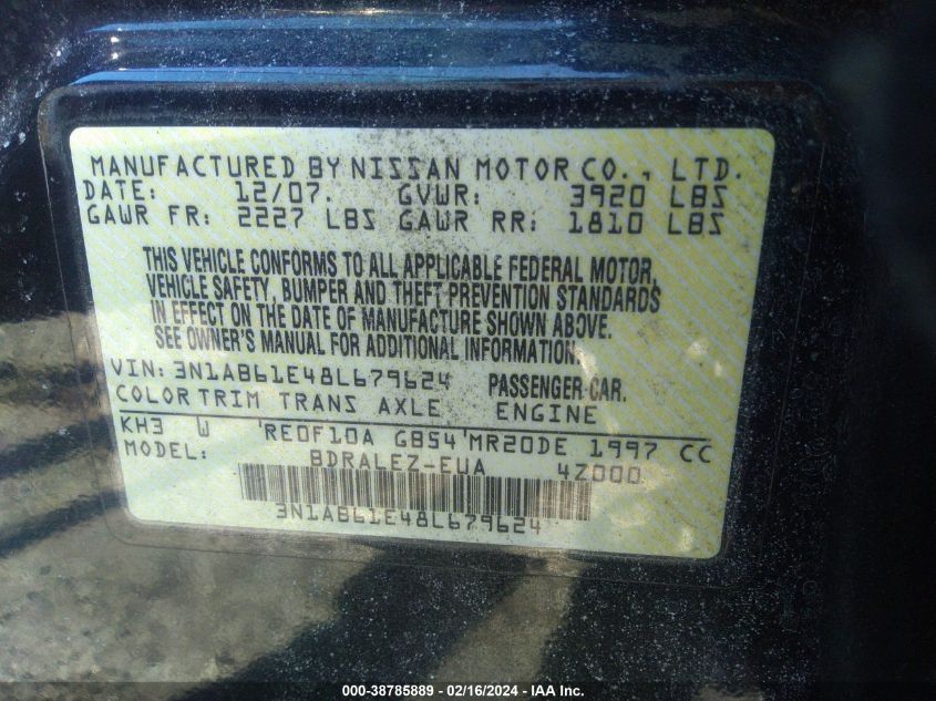 2008 Nissan Sentra 2.0S VIN: 3N1AB61E48L679624 Lot: 38785889