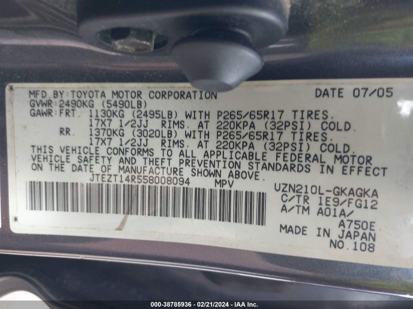 2005 Toyota 4Runner Sr5 V8 VIN: JTEZT14R558008094 Lot: 38785936