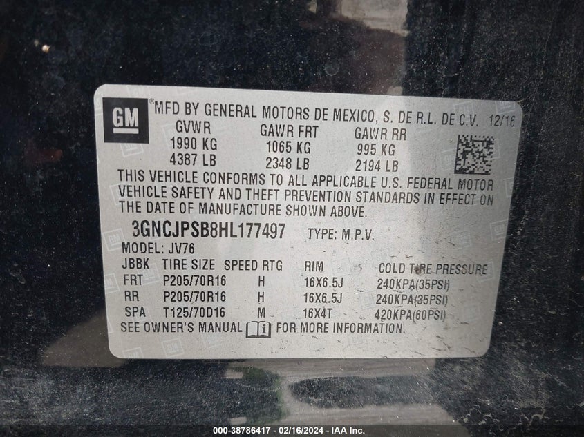 2017 CHEVROLET TRAX LT - 3GNCJPSB8HL177497