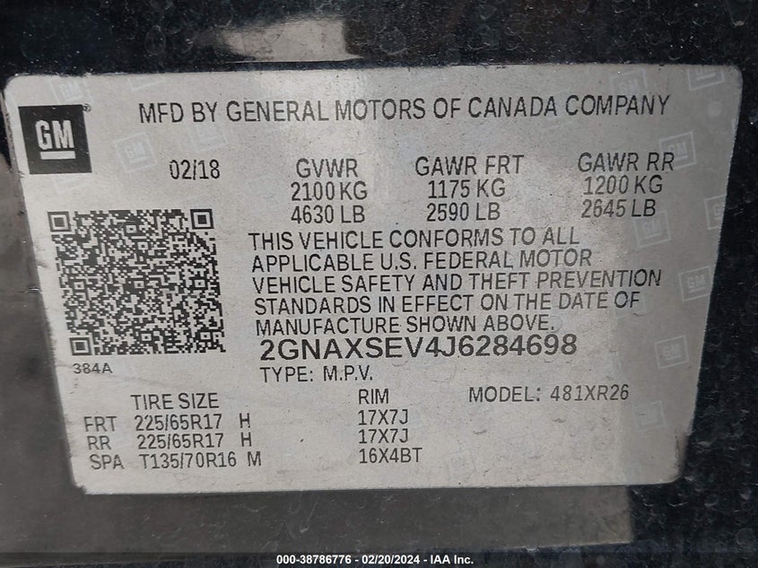 VIN 2GNAXSEV4J6284698 2018 CHEVROLET EQUINOX LT