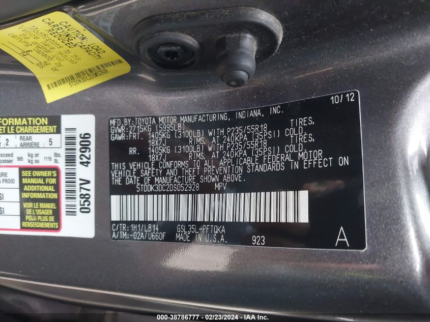 5TDDK3DC2DS052928 2013 Toyota Sienna Xle 7 Passenger