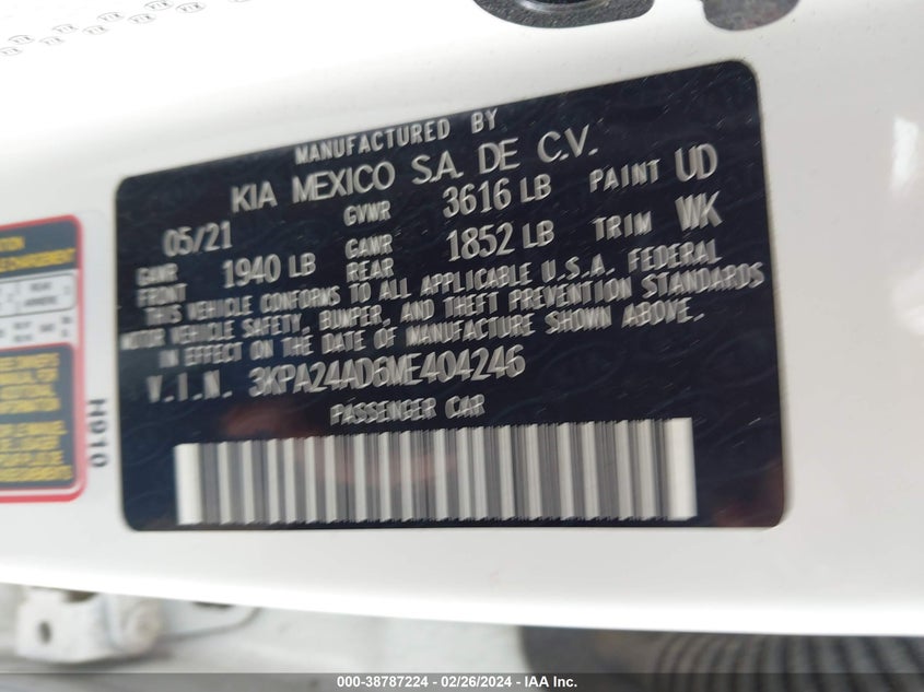 VIN 3KPA24AD6ME404246 2021 KIA RIO S
