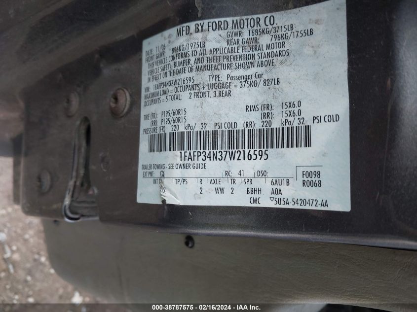 1FAFP34N37W216595 2007 Ford Focus S/Se/Ses