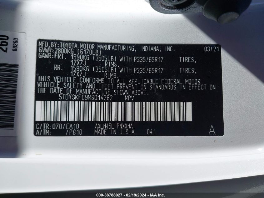 5TDYSKFC9MS014282 2021 Toyota Sienna Xle