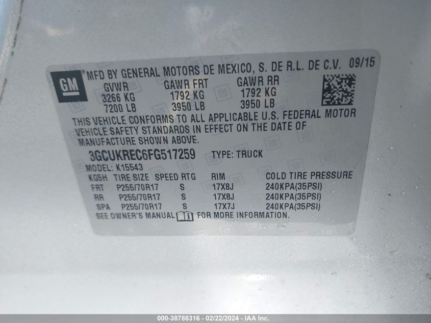 2015 Chevrolet Silverado 1500 1Lt VIN: 3GCUKREC6FG517259 Lot: 38788316