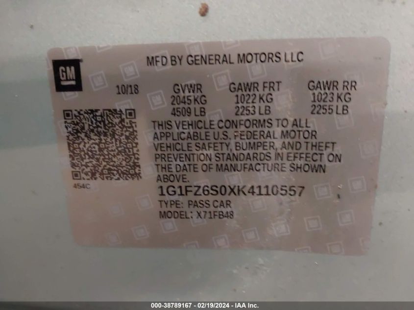 1G1FZ6S0XK4110557 2019 Chevrolet Bolt Ev Premier