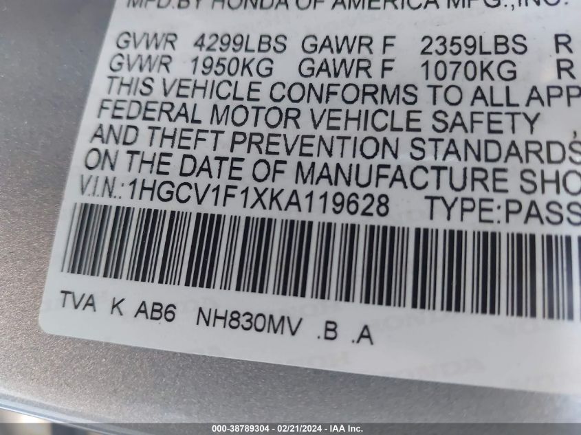 2019 Honda Accord Lx VIN: 1HGCV1F1XKA119628 Lot: 38789304