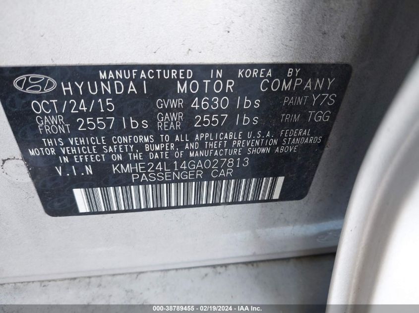 2016 Hyundai Sonata Hybrid Se VIN: KMHE24L14GA027813 Lot: 38789455