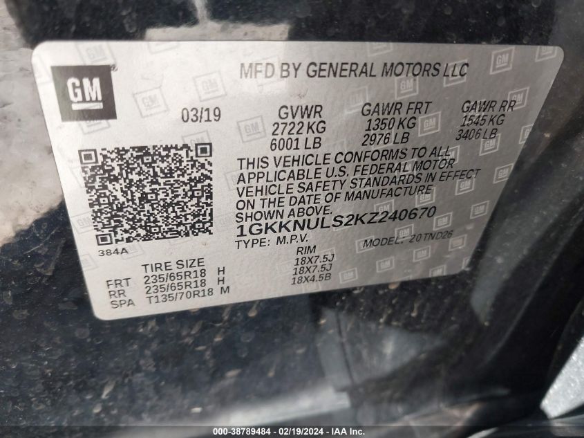 1GKKNULS2KZ240670 2019 GMC Acadia Slt-1