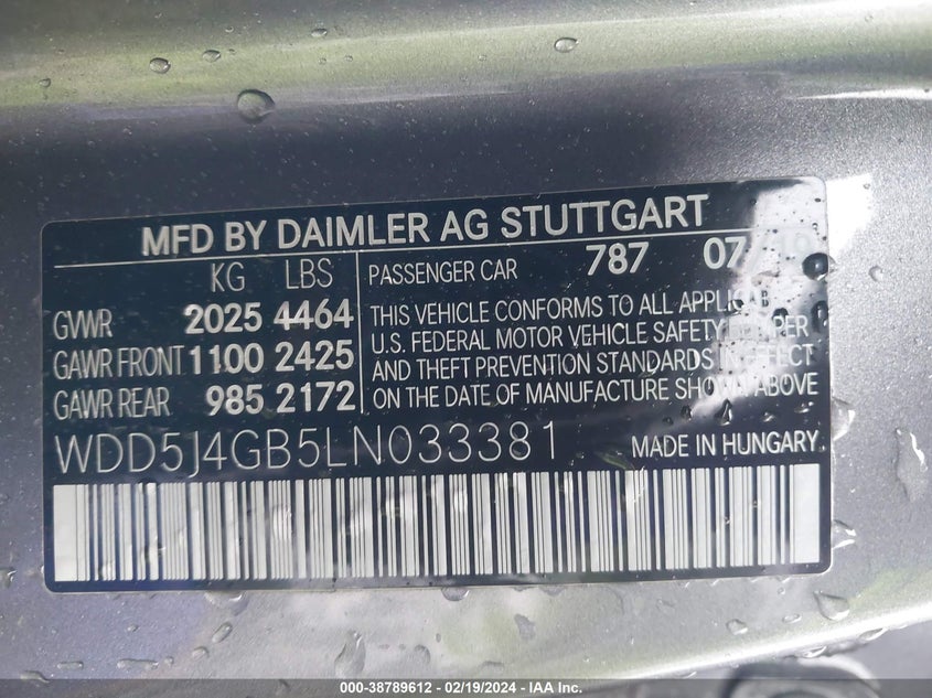 2020 MERCEDES-BENZ CLA 250 VIN: WDD5J4GB5LN033381