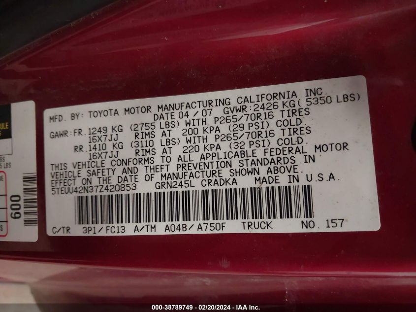 2007 Toyota Tacoma Base V6 VIN: 5TEUU42N37Z420853 Lot: 38789749