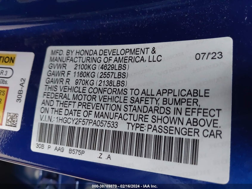 VIN 1HGCY2F57PA057533 2023 HONDA ACCORD HYBRID SPORT