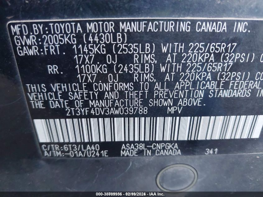 2T3YF4DV3AW039788 2010 Toyota Rav4 Limited