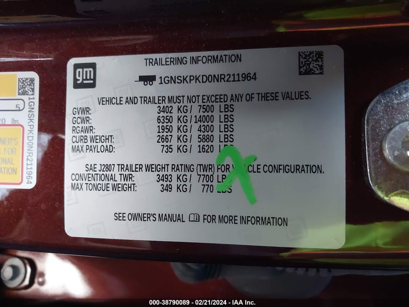 2022 CHEVROLET TAHOE 4WD Z71 - 1GNSKPKD0NR211964