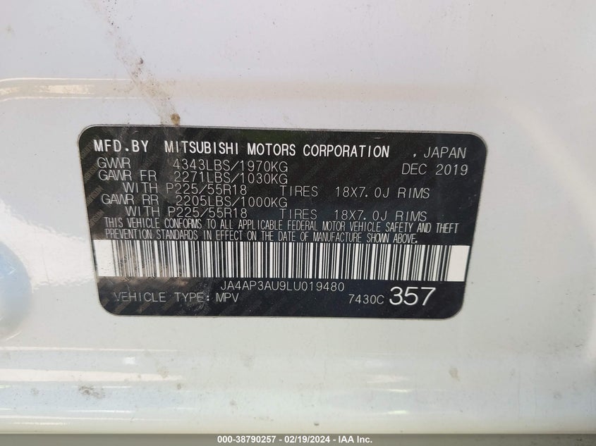 VIN JA4AP3AU9LU019480 2020 MITSUBISHI OUTLANDER SPORT 2.0 ES