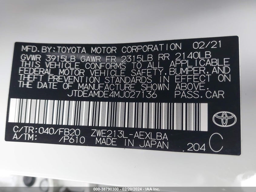 VIN JTDEAMDE4MJ027136 2021 TOYOTA COROLLA HYBRID LE