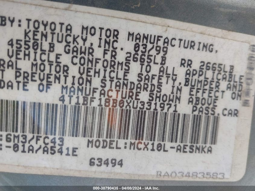 1999 Toyota Avalon Xl VIN: 4T1BF18B0XU331971 Lot: 38790435