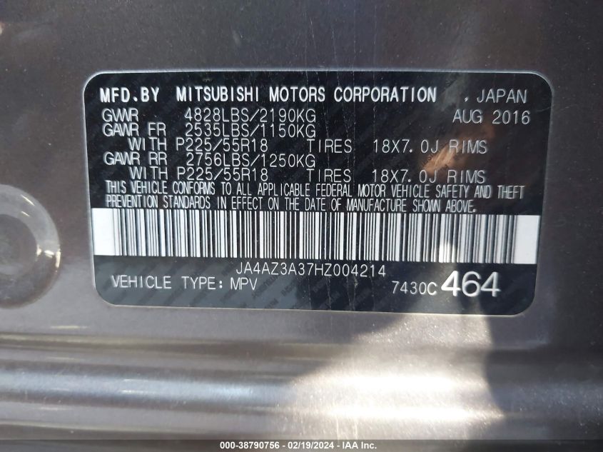 2017 Mitsubishi Outlander Sel VIN: JA4AZ3A37HZ004214 Lot: 38790756