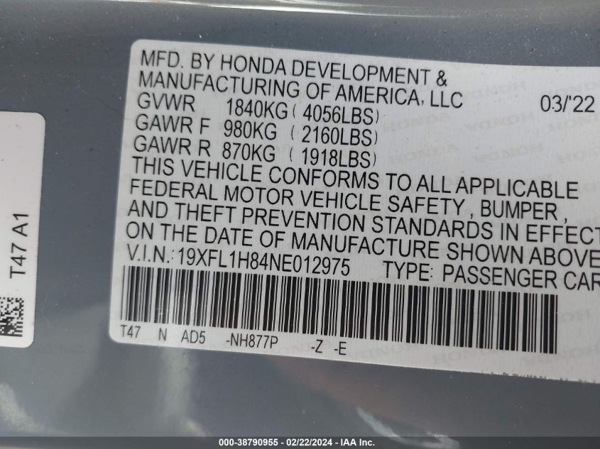2022 Honda Civic Sport Touring VIN: 19XFL1H84NE012975 Lot: 38790955