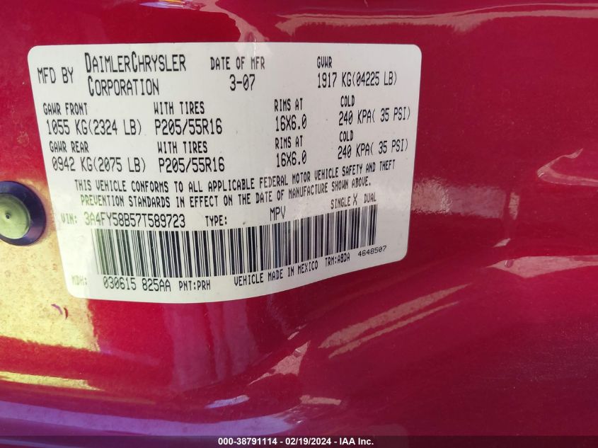 2007 Chrysler Pt Cruiser Touring VIN: 3A4FY58B57T589723 Lot: 38791114