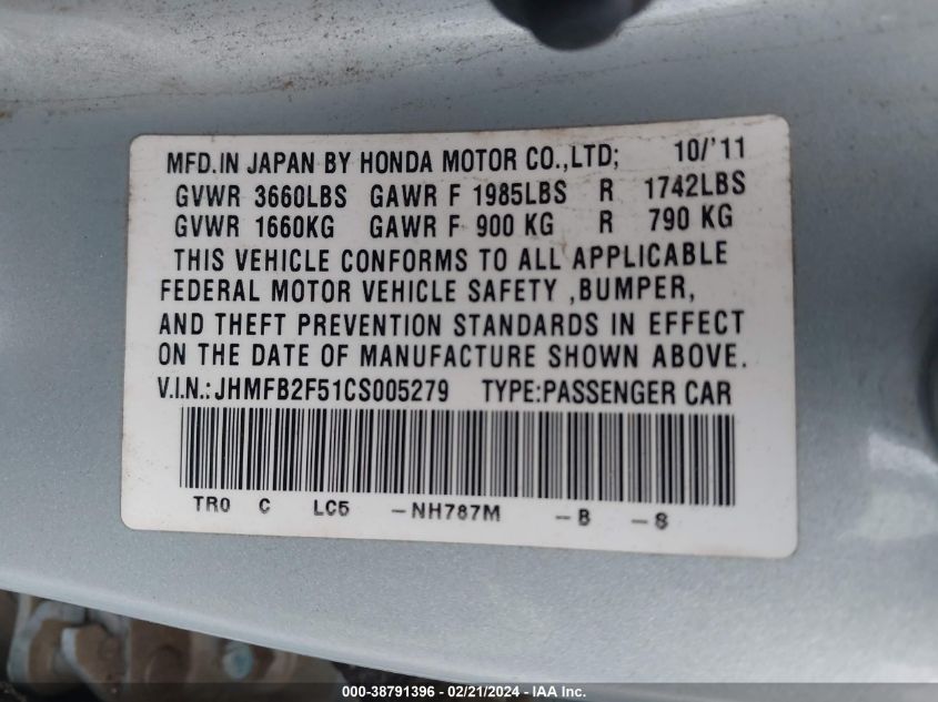 2012 Honda Civic Lx VIN: JHMFB2F51CS005279 Lot: 38791396