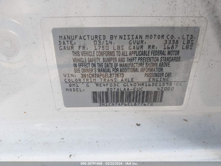 3N1CN7AP6EL877673 2014 Nissan Versa 1.6 S