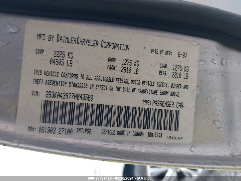 2007 Dodge Charger VIN: 283KA43R77H843580 Lot: 38791420