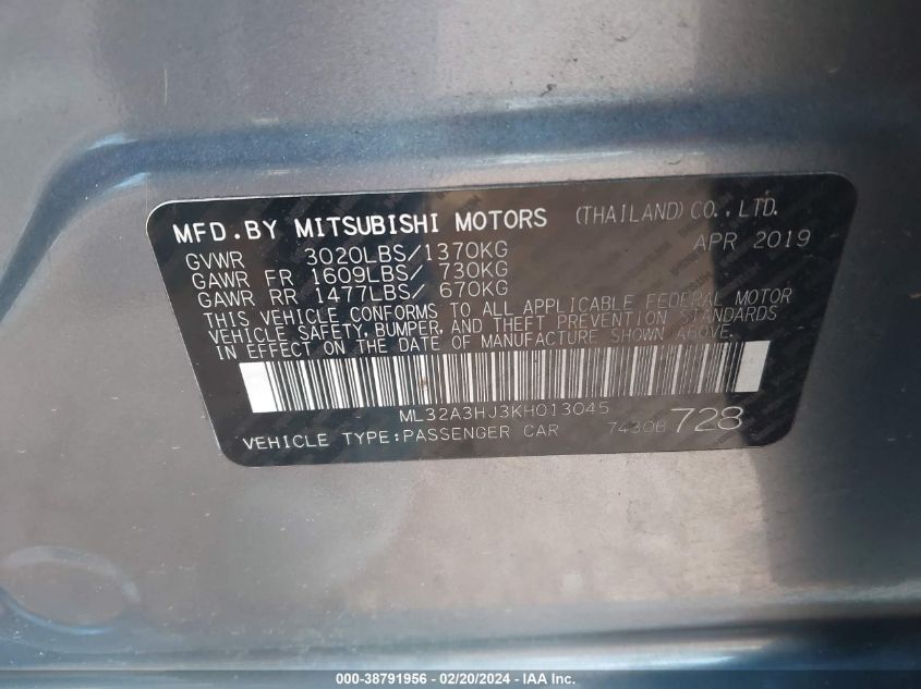 ML32A3HJ3KH013045 2019 Mitsubishi Mirage Rf