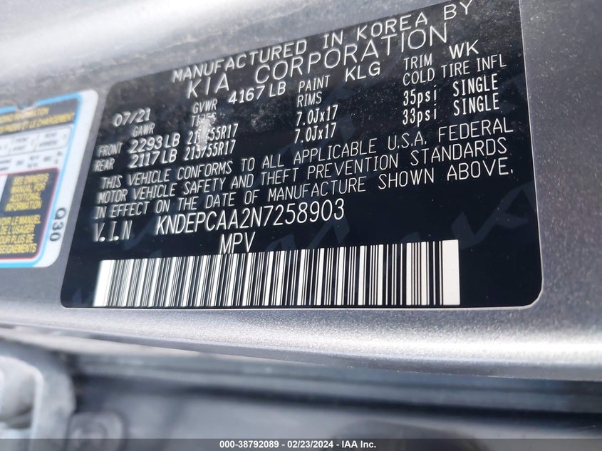 VIN KNDEPCAA2N7258903 2022 KIA SELTOS LX