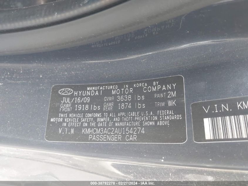 2010 Hyundai Accent Gs VIN: KMHCM3AC2AU154274 Lot: 38792278