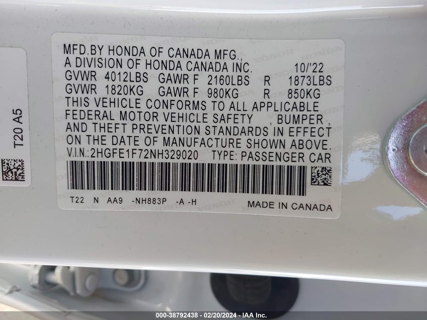 VIN 2HGFE1F72NH329020 2022 HONDA CIVIC EX